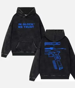IN GLOCK WE TRUST Vintage Washed Hoodie - Edgy Street Style Pullover for Men and Women, Great Gift for Gun Enthusiasts and Tactical Fans, Perfect for Holidays like Christmas, Birthday, and Halloween - Urban Fashion Apparel