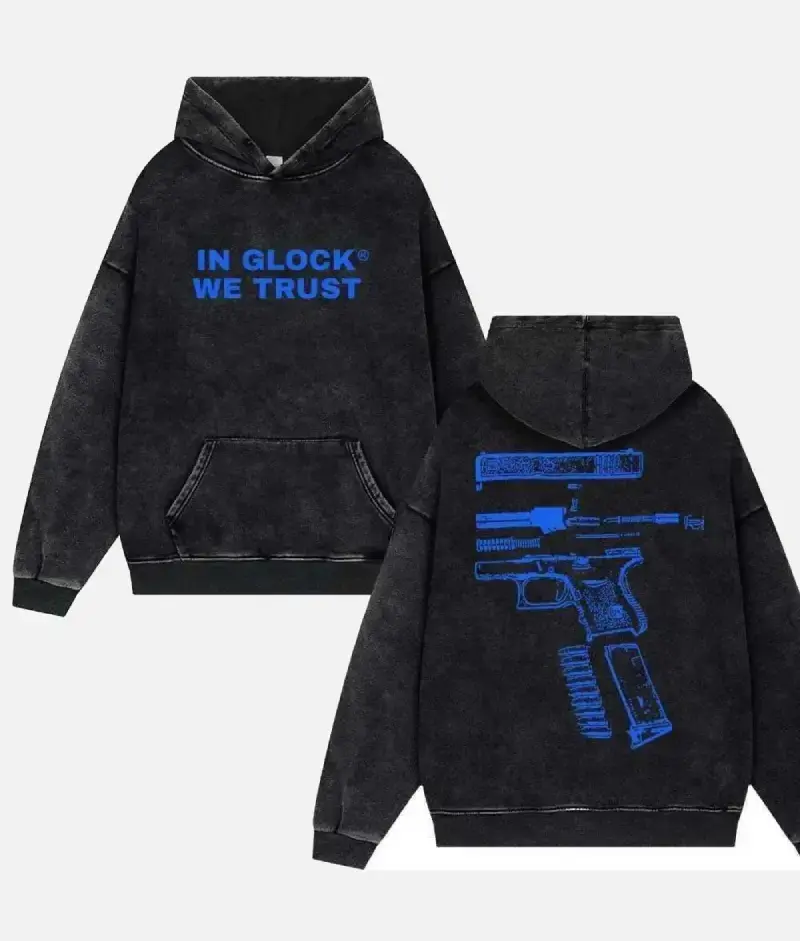 Menswear Tops Unisex Oversized Longsleeves Vintage Washed Fitted Hoodie - "In Glock We Trust" Edgy Streetwear Pullover, Casual Apparel for Gun Enthusiasts, Holiday Gift, Graphic Hoodies, Outfits