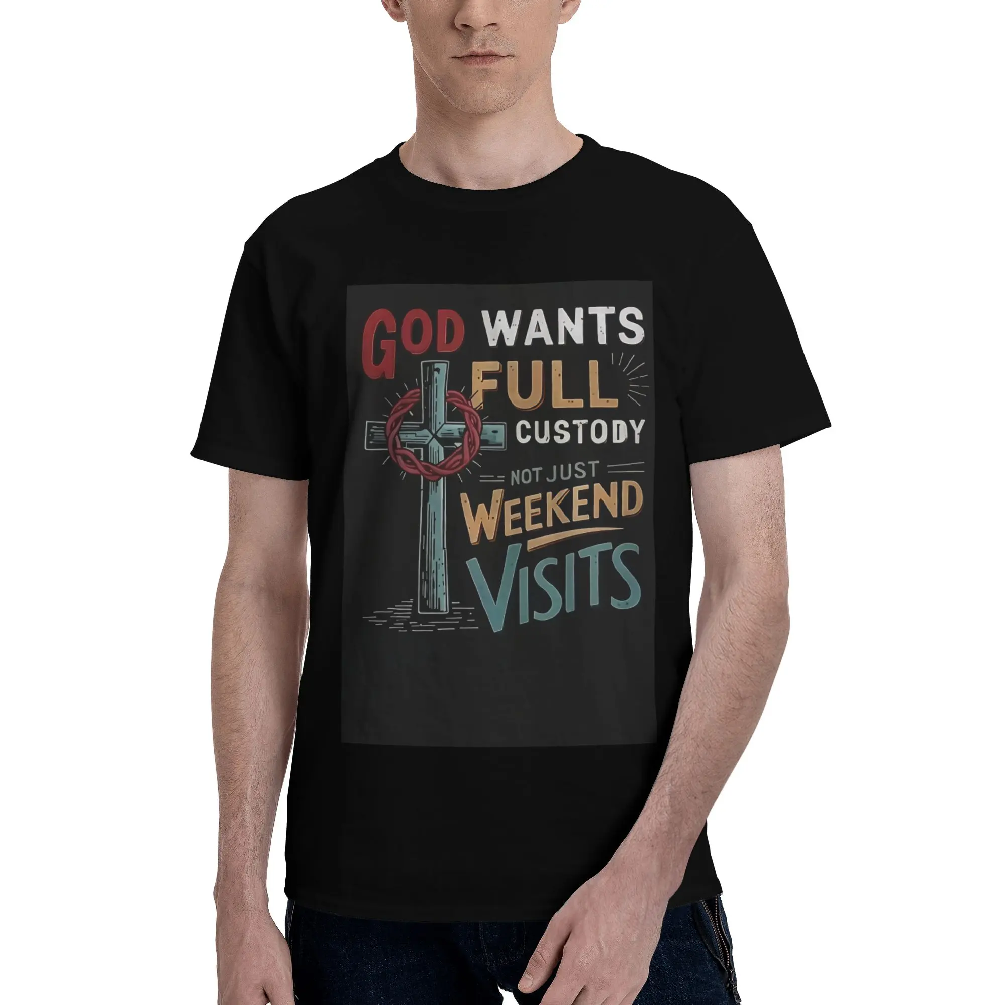 Men's Black Cotton Round Neck Christian Graphic T-Shirt - "God Wants Full Custody Not Just Weekend Visits" Quote, Cross, Crown of Thorns, Vintage Religious Design, Casual Short-Sleeve Top, Fitness Garment