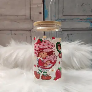 Strawberry Shortcake Glass Cup | 16oz Beer Can Glass with Lid and Glass Straw | Glass Coffee Cup | Glass Tumbler Coffee Cup Drinkware Handmade Bottles
