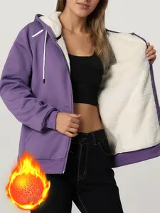 Women's Hooded Long Sleeve Loose Fit Fleece Jacket, Casual Style with Plush Lining, Warm Fall & Winter Outerwear for Daily Wear, Womenswear