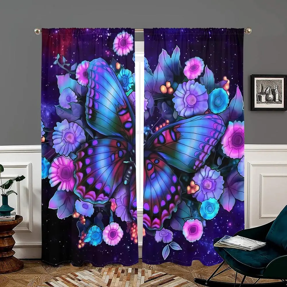Butterfly Pattern Door Curtain, 2 Counts/set Fashionable Floral Landscape Theme Door Curtain, Home Decor, Interior Decoration Accessories for Bedroom, Living Room, Kitchen, Study