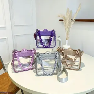 Women's Retro Solid-Color Mini Transparent PVC Crossbody Saddle Purse - Chain Handle, Adjustable Shoulder Bag, Ideal for Daily Casual Looks, Concerts