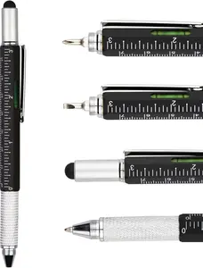 Metal Multi tool Pen 6-in-1 Stylus Pen - With , Ballpoint Pen Black ink, Stylus pen, Level and Ruler, 1-Count (Black)