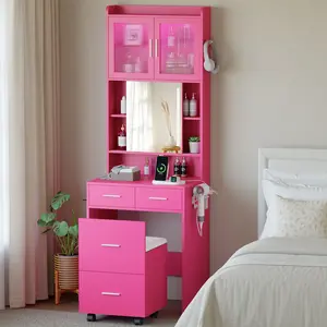 Vanity Desk Table Set with 3 Adjustable Lighted Mirror and Storage Chair Mini Makeup Vanities Set for Compact Space,  Bedroom Make Up Table