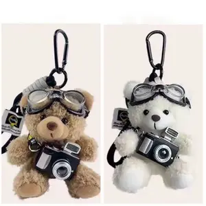 Cute Flash Camera Bear Plush Doll Bag Pendant Faux Fur Pink Heart Teddy Bear Keychain Charm Carabiner for Keys Bags & Cars with Goggles and Camera Design