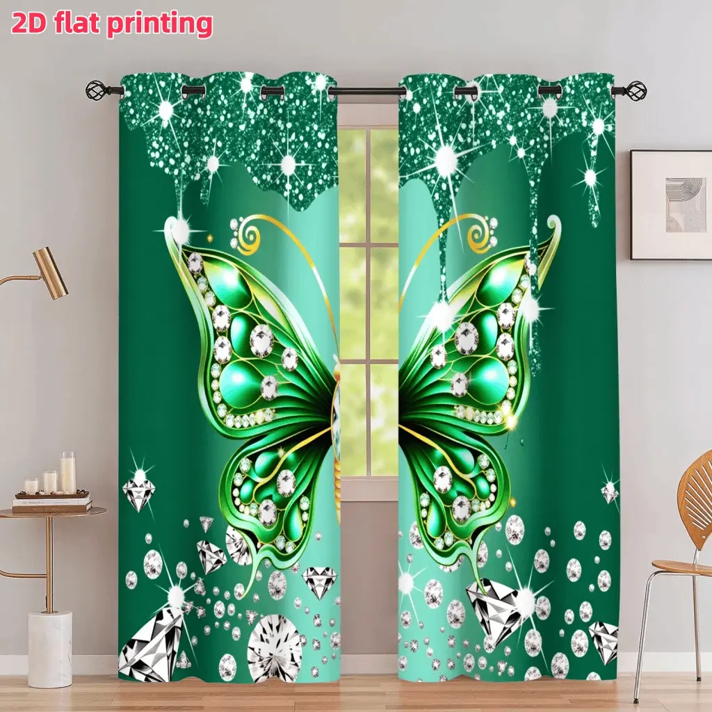 2D Flat 2Pcs Green Butterfly With Shining Diamond Gemstones Pattern, Luxury Glitter Style Grommet Curtains, Semi Sunshade, Suitable For Home Living Room Bedroom Balcony Kitchen Study Window Decoration, Anti Privacy.