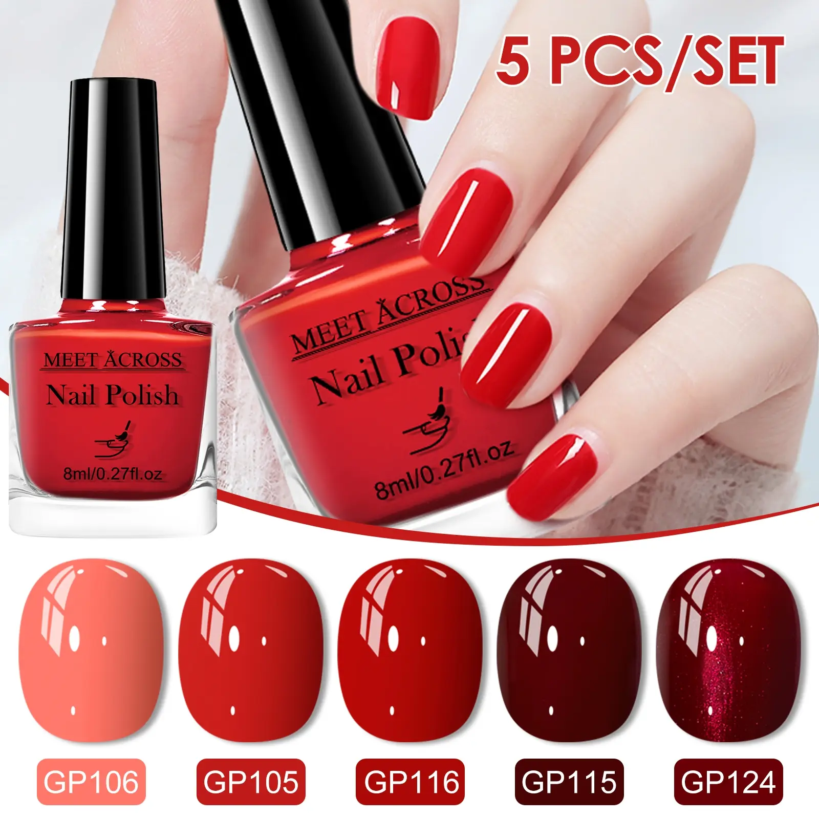 MEET ACROSS 5pcs Glass Bottle Water-Based Peel Off Nail Polish Set, Nail Products, Colors Quick Air Dry Long-Lasting, Easy Removal, Perfect for New Year & Holiday Manicures, Holiday Nails, Nail Art, Nail Care
