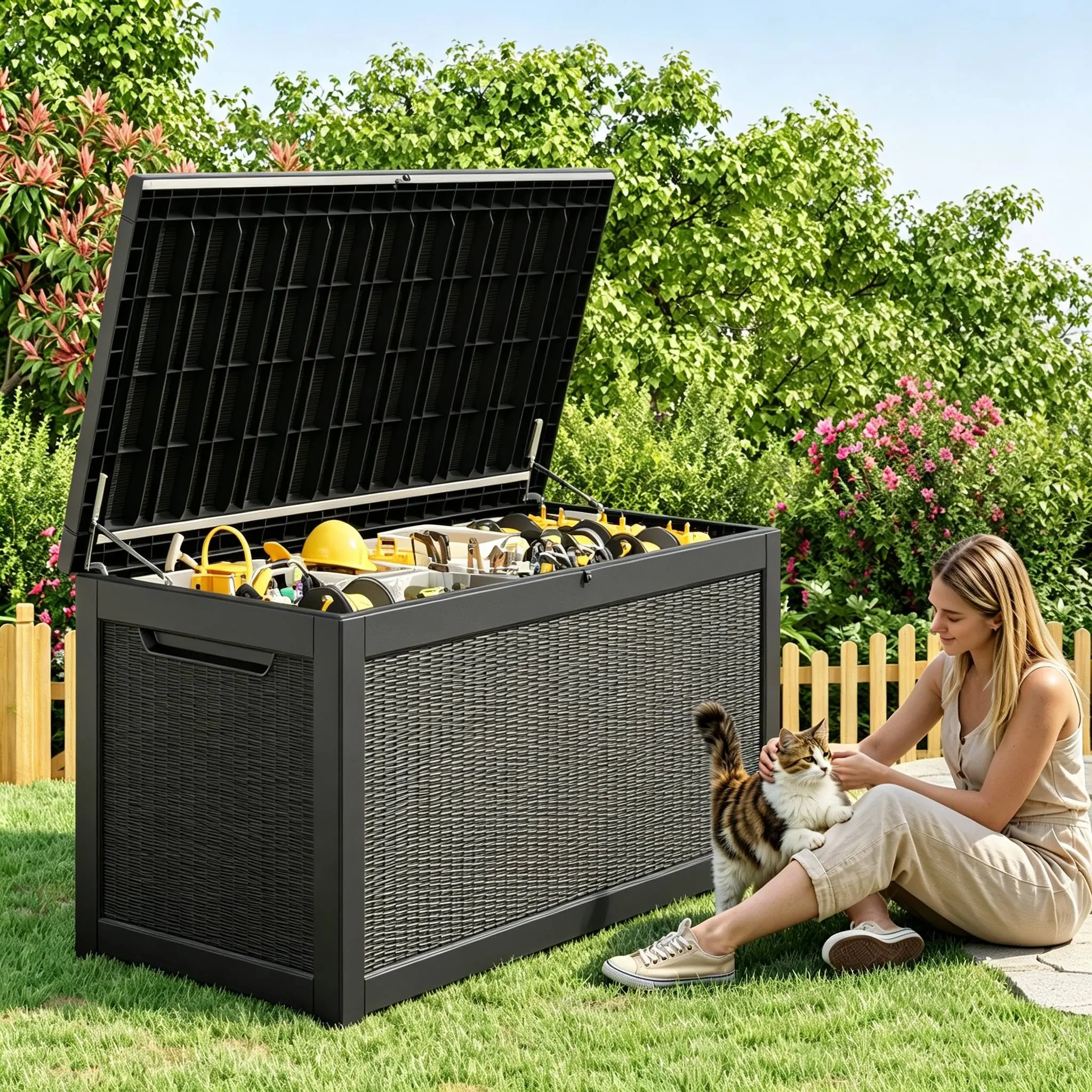 RIWENGO 320 Gal Wood Grain Waterproof Resin Storage Bench - UV Fade Resistant, Lockable, Low-Maintenance Resin Shell, Toolless Assembly, Built-In Handles, 30.4" L x 16.7" W x 21.7" H Outdoor Furniture to Organize Garden Tools, Cushions