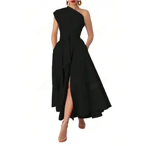 Women's Solid Color Minimalist Casual Asymmetrical Neck Dress