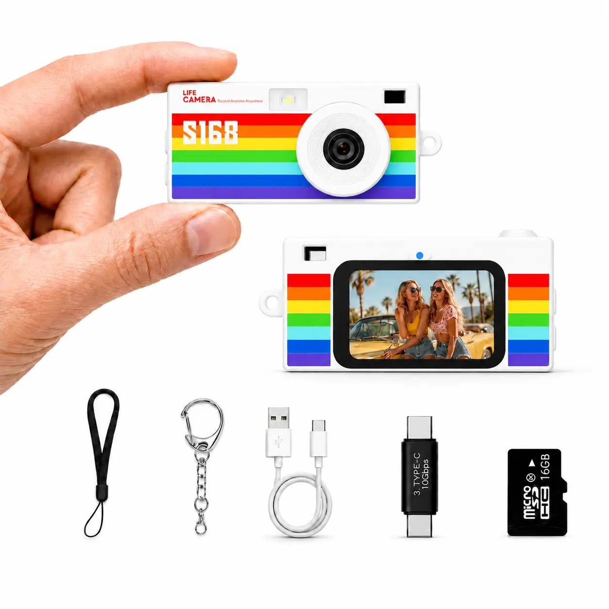 S168 Mini Digital Camera, 1440P HD Portable Keychain Camera with 7 Creative Filters, Built-in Light, 16GB Card, USB-C Cable, AVI Format, Gift-Ready Box for Travel, Daily Vlogging for Kids & Adults, White