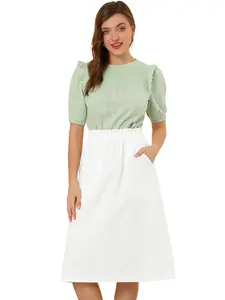 INSPIRE CHIC Cotton Elastic Waist Scrub Peasant A-Line Midi Skirts with Pockets White