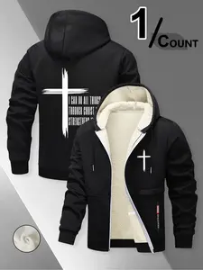 Faith & Warmth Together! Religious Cross Fleece Hoodie Jacket, 'i Can Do All Things' Motivational Slogan, Lamb Velvet Thermal Locking