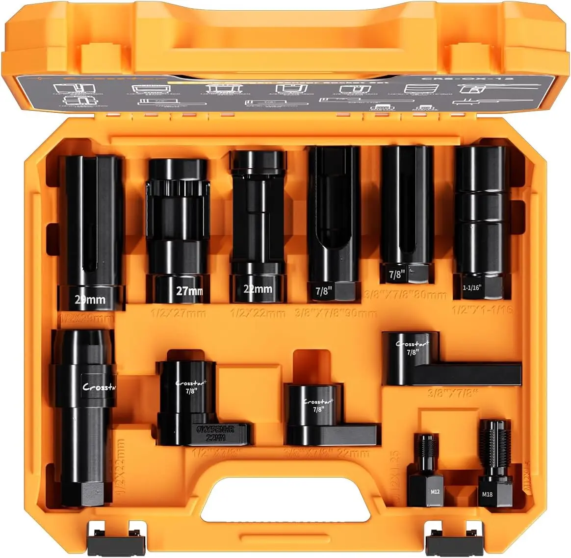 Crosstar 12Pcs Professional O2 Sensor Socket & Thread Chaser Set | 22mm(7/8"), 27mm, 1-1/16" Sockets | 1/2" & 3/8" Drive Oxygen Sensor Removal Tool for Oil Pressure, Vacuum, Thermal Sensors