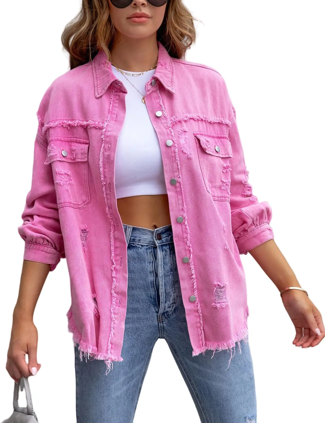 Women's Casual Ripped Denim Jacket, Oversized Long Sleeve Button-Down Style, Soft Lightweight Polyester Fabric with Distressed Fringed Hem, Lady, Longsleeves, Minimalist, Pockets