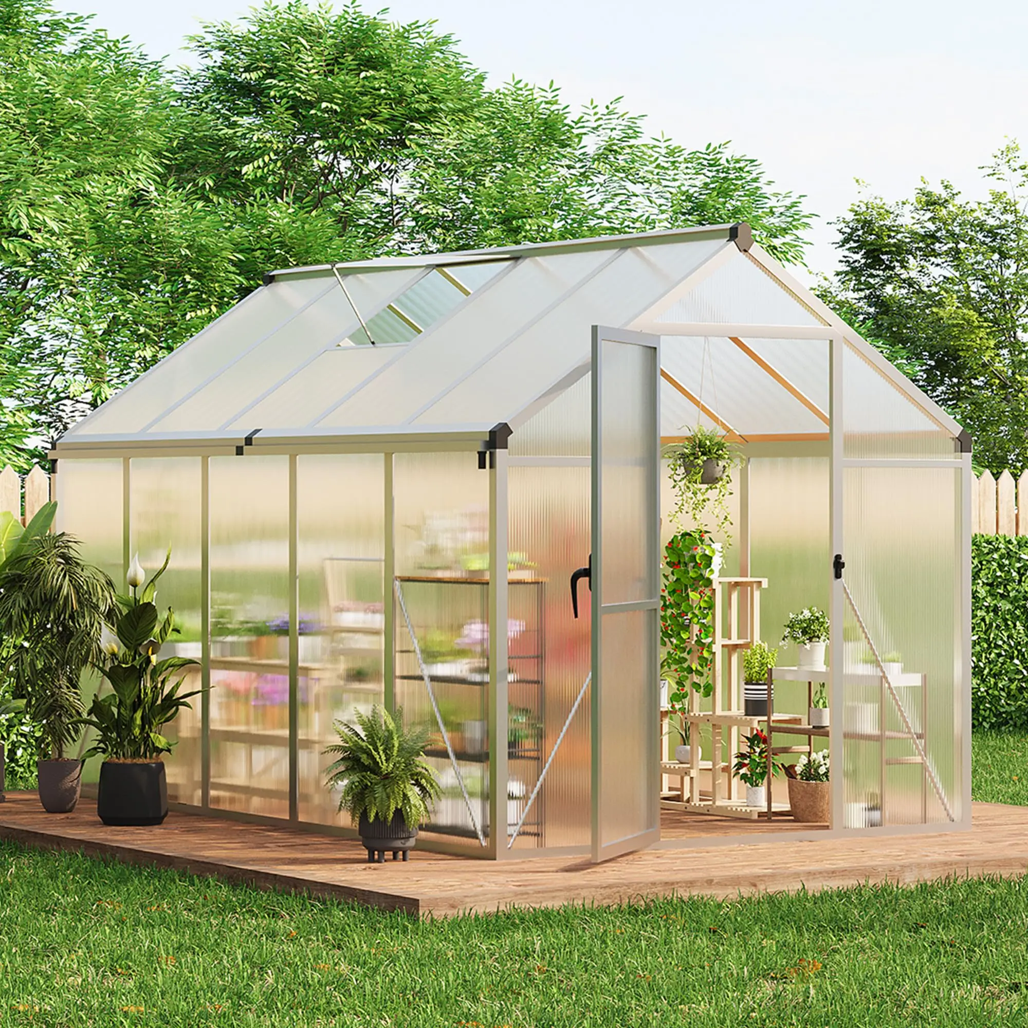 GARVEE 6x10 FT Greenhouse, Easy Assembly Aluminum Polycarbonate Greenhouses for Outdoors with Roof Vent and Ground Nails,for Backyard, Silver