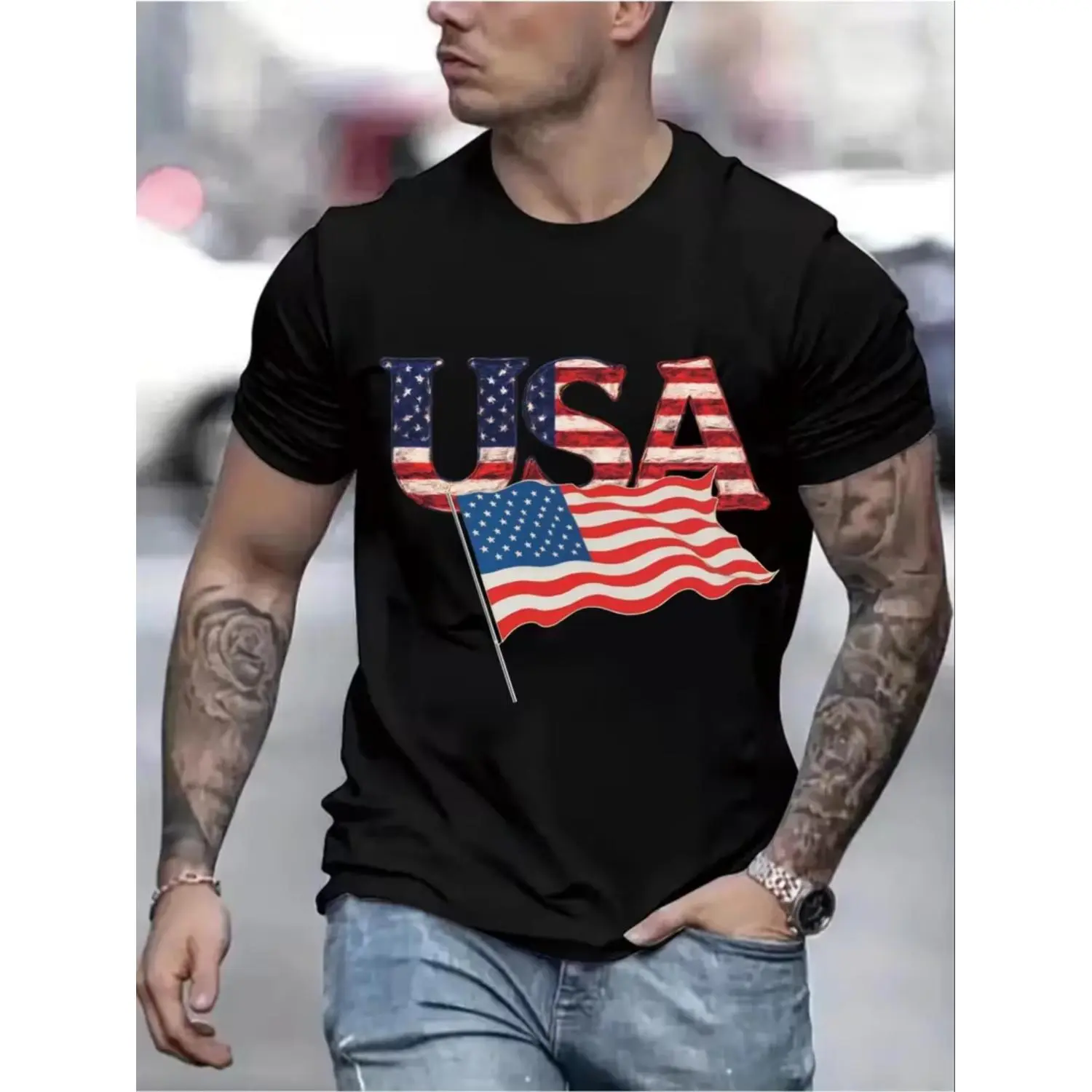 Men'S Patriotic Usa Flag Cotton T-Shirt - Red White Blue Short Sleeve Round Neck Casual Lightweigt Breathable Suitable For Sports Outdoor Casual Wear Gift For Men With Usa Flag Print Regular Fit