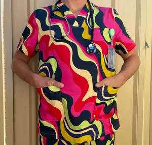 Candy Print Scrub Top – Unisex Cotton V Neck Nursing Medical Uniform & Comfortable Healthcare Workwear