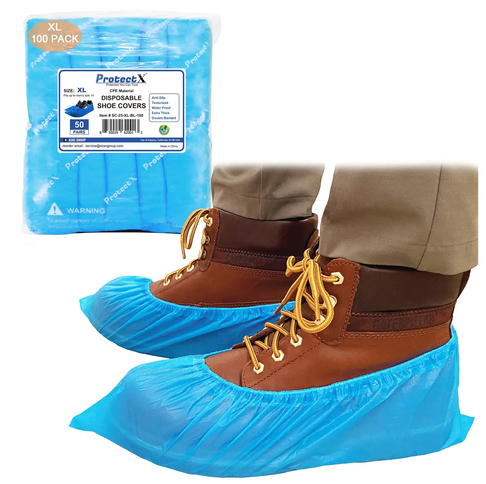 ProtectX Disposable Shoe & Boot Covers, 100-pack (50 pairs), XL Extra Large, Waterproof, Slip Resistant, Durable CPE Plastic