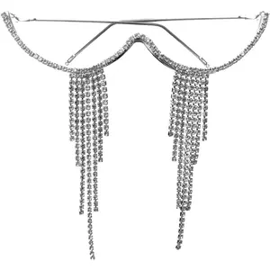 No Lens Rhinestone Glasses Frame,Sparkly Half Enclosure Eye Glasses,Heart   Decor Metal Eyeglass