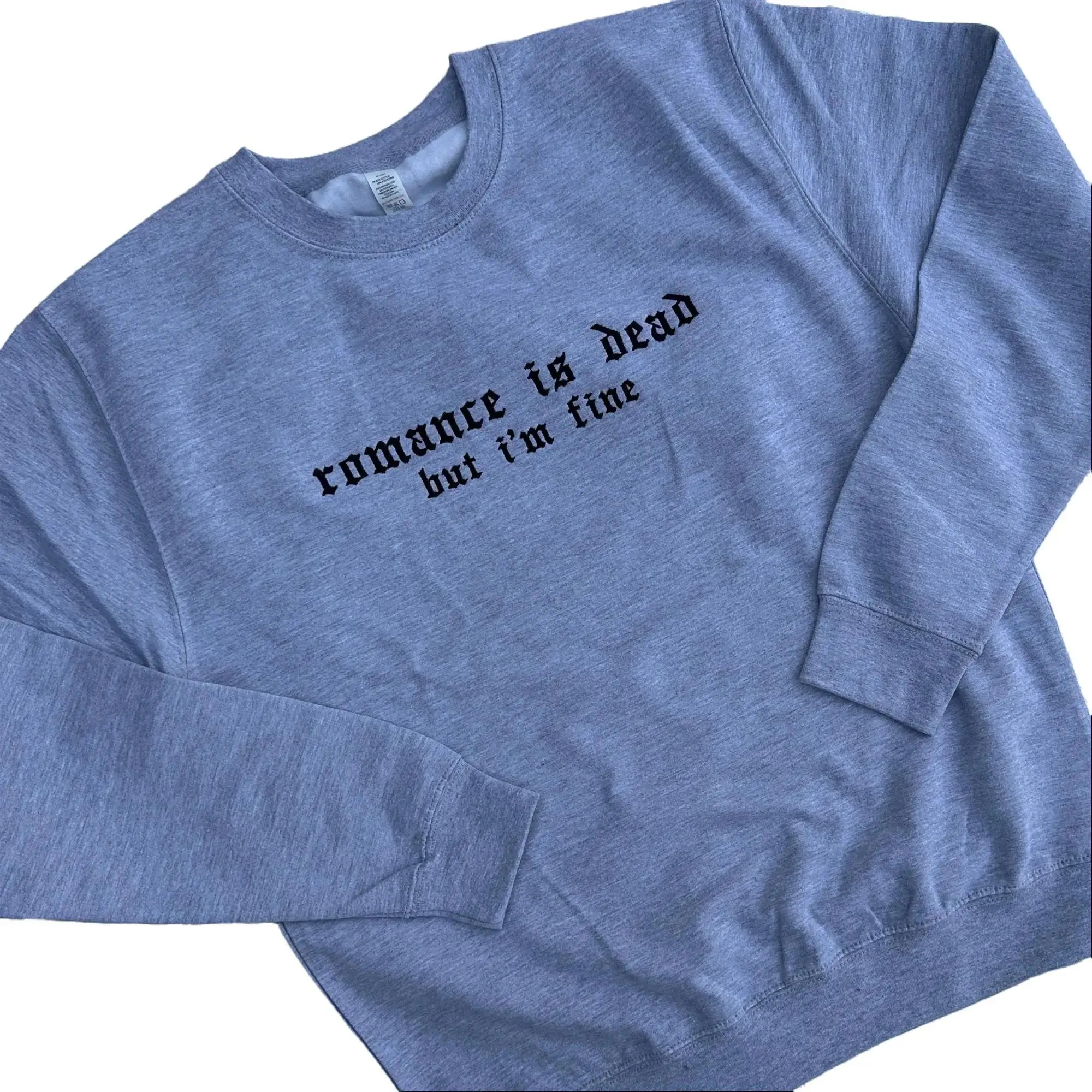 Romance But I'm Fine  Embroidered Crewneck Sweatshirt Alternative Fashion Long Sleeve Cotton