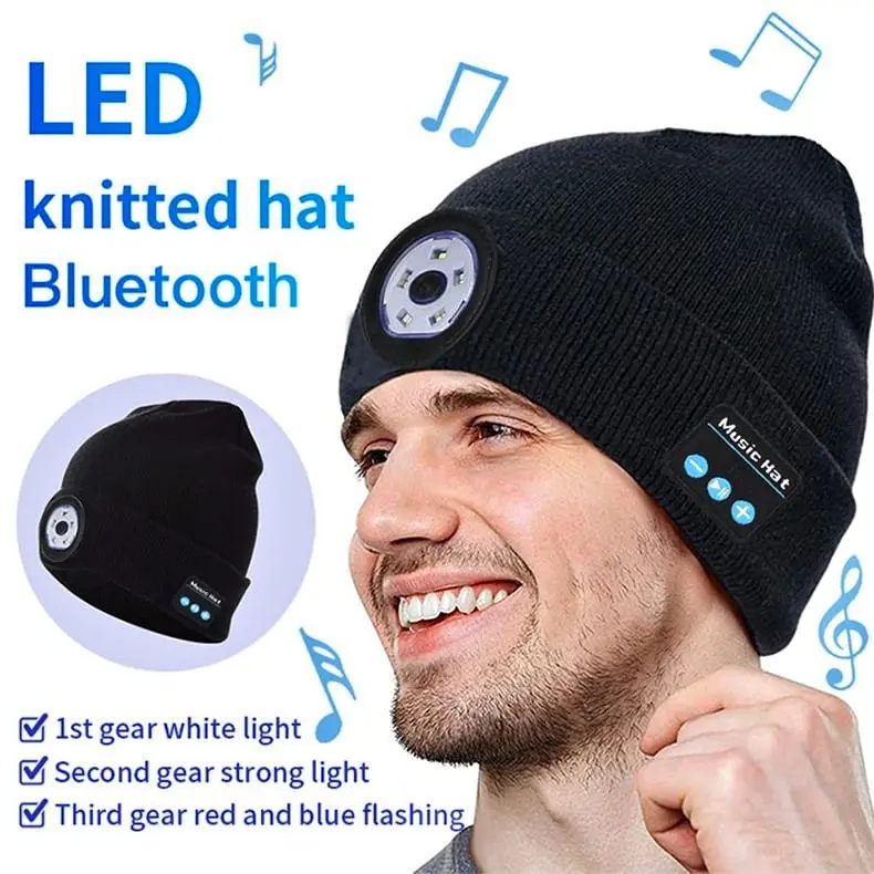 Unisex Bluetooth Wireless LED Beanie Hat with Built-in Headphones, Black