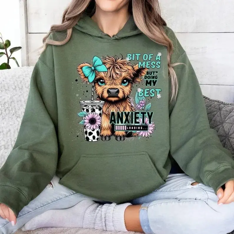 Bit of a Mess But Doing My Best Hoodie, Anxiety Loading Highland Cow Graphic Pullover, Funny Mental Health Sweatshirt, Cute Gift for Women