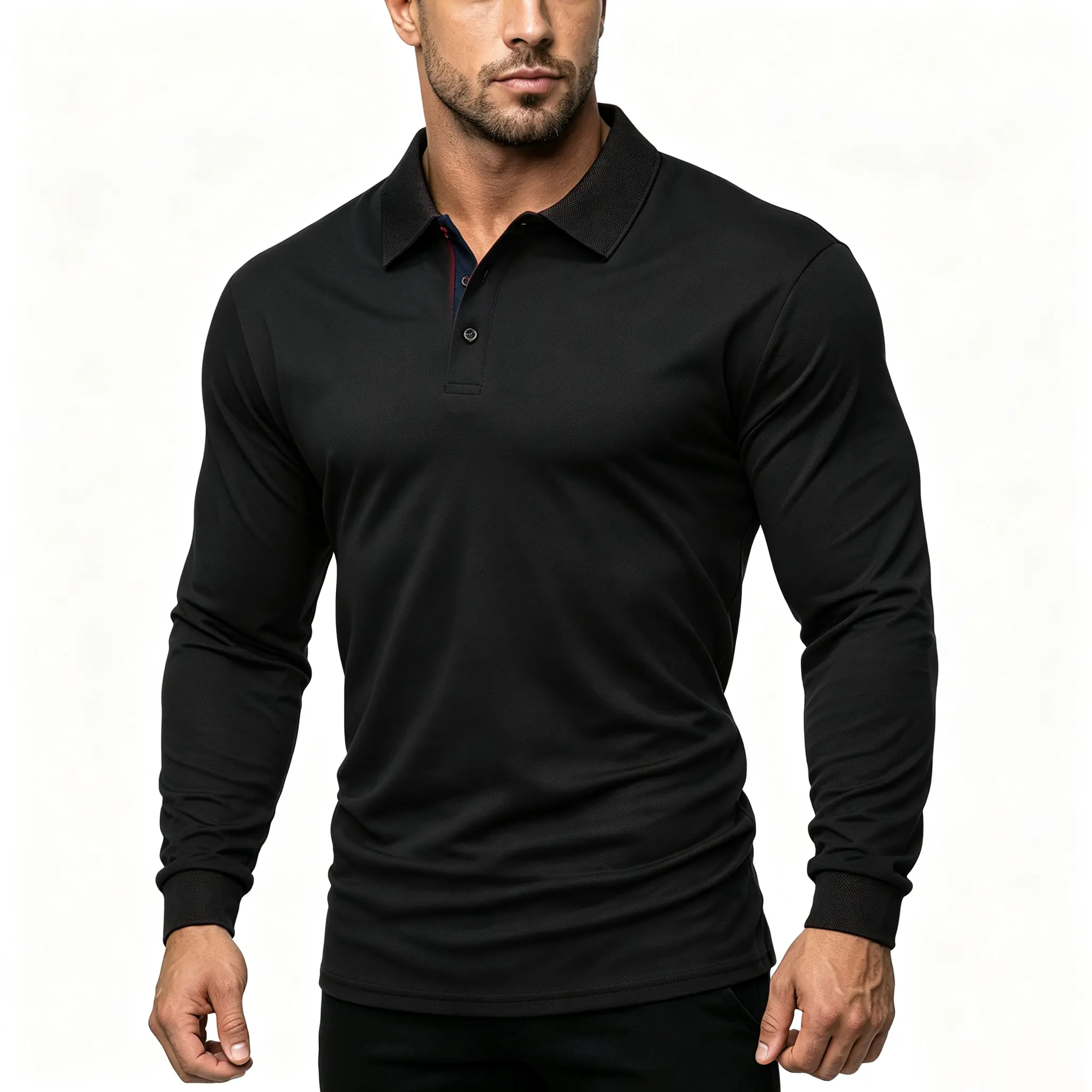 Spring/Autumn Men’s Minimalist Turn-Down Collar Long Sleeve Polo Shirt, Contrast Front, Quick-Dry Breathable, Business Casual Commuter Versatile Slim Fit Top