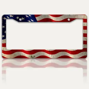 Vintage American Flag Stainless Steel - Round-Hole License Plate Frame | Alumina, Funny, 2-Hole, 12 x 6 Inch | Car Accessories Number Plates