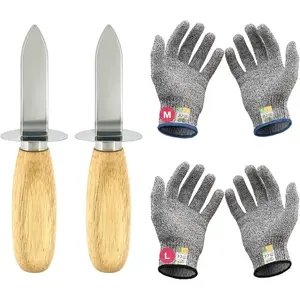 Oyster Shucking Knife Set of 2 Stainless Steel Oyster Knives with 2 Pairs Level 5 Cut-Resistant Gloves, Suitable for Shucking All Kinds of Shells and Oysters