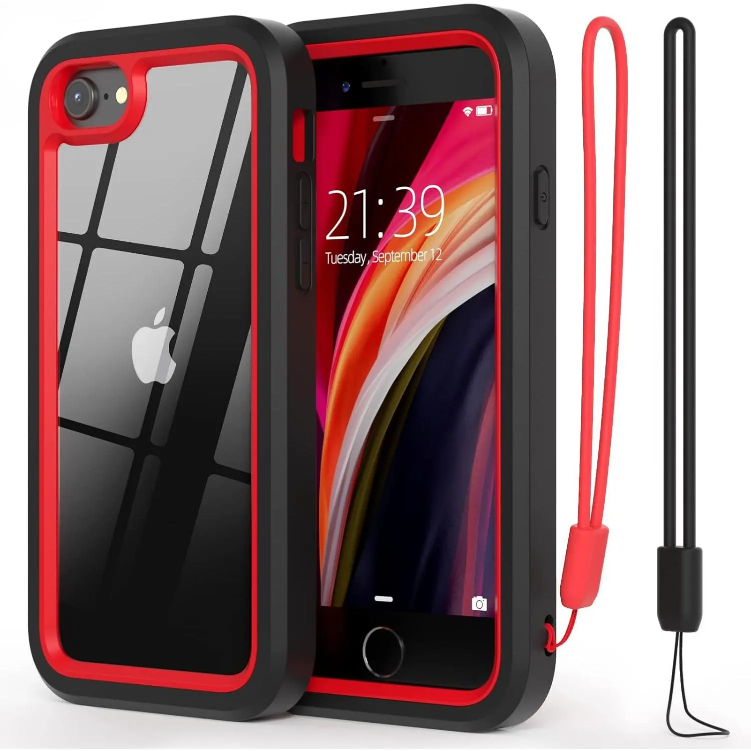 3in1 Shockproof Smartphone Case with Lanyard & Protector - Soft Bumper, Transparent Hard PC Casing, Inner Cover for 4.7in Handheld Devices iPhone SE 3rd/2nd Gen (2022/2020), 8, 7, 6S, 6 (Red+Black, Easy Installation)