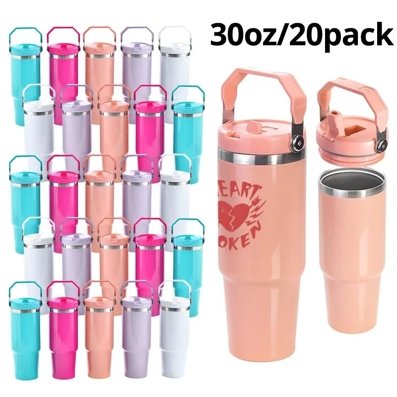 20-Pack 30oz Stainless Steel Sublimation Travel Tumblers - Vacuum Insulated Cup, Leak-Proof Water Bottle Mug, Portable Handle, Macaron Mixed Colors, Travel Ready, US Warehouse Stock