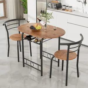 3-Piece Wooden Round Table & Chair Set, Space Saving Kitchen Breakfast Nook Wood Grain Tabletop With Metal Frame And Built-In Wine Rack For Kitchen, Dining Room White Glass Door Wardrobe