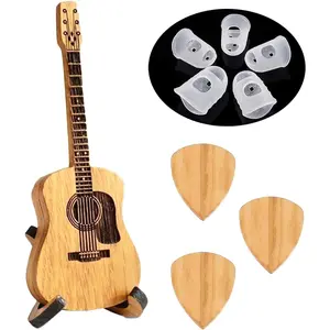Wooden Guitar Pick Holder with Stand, Guitar Pick Box, 3PCS Unique Guitar Picks, Musician Engraved Wooden Plectrum Case,Guitar Accessories Gift for Electric Bass Guitar Ukulele Players