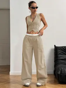 2pcs Women's Casual Striped Single-Breasted Vest And Pants Set,Ladies Casual Button Front,Pocket,Rib-Knit Sleeveless Slim Fit Grey Women Two-Piece Outfits,Spring/Summer,Casual Daily Wear