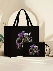 Fashion Cna Print Handbag Set with Makeup Bag, Large Capacity Travel Storage Bag, Commuter Shoulder Bag, Fabric Material