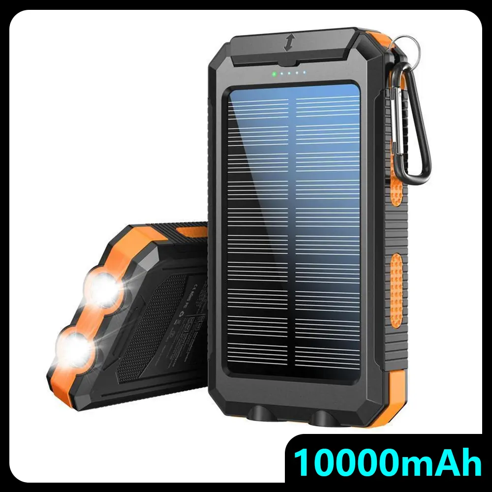 Multi-use Solar Portable Charger, 10000mAh Capacity, Dual USB-A Outputs, Flashlight, Compass & Carabiner, Waterproof Gear for Outdoor Activities & Android Phones
