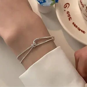 Women Temperament Double Layer Bracelet Silver Plated Knotted Design Half Bracelet Half Chain Alloy Wrist Jewelry Versatile Fashion Daily Casual Party Hand Ornament Gift For Girls Ladies
