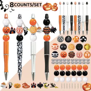 8pcs Halloween Pumpkin Devil Castle Bat Theme DIY Bead Pen Set, Acrylic Beads with Colorful Pendants, Perfect Party Gift