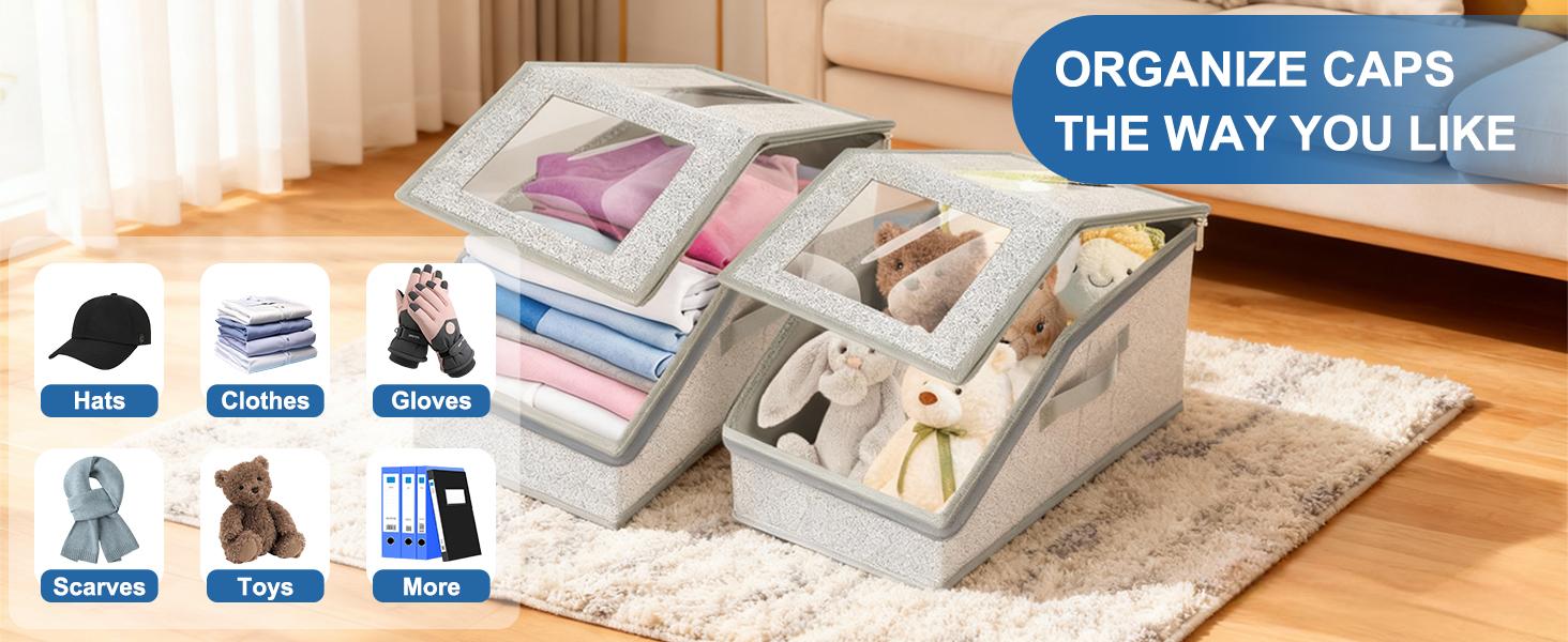 Stackable Hat Storage Boxes – Holds Up to 24 Baseball Caps, Durable Cardboard Organizer with Clear Window, Foldable & Dust-Proof, Space-Saving Closet Organizer for Men & Women – Versatile Storage for Hats, Toys & Accessories