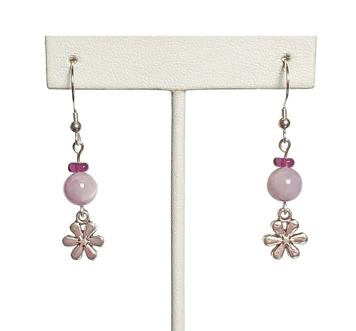 Purple Lavender Chalcedony, Amethyst, and Flower Charm Earrings with Sterling Silver Hooks