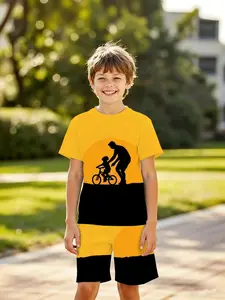 Boys' 3D Short Sleeve Set, Father Son Cycling Silhouette Print, Casual Two-Piece, Outdoor Wear, Holiday Gift, Father's Day
