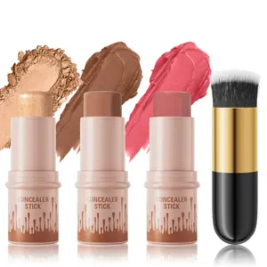 Long-Lasting Makeup Stick Kit, 3-Count Highlighter, Blush and Contouring Pens with 1 Cosmetic Brush, Facial Makeup Set for Women & Girls, Cosmetics Kit