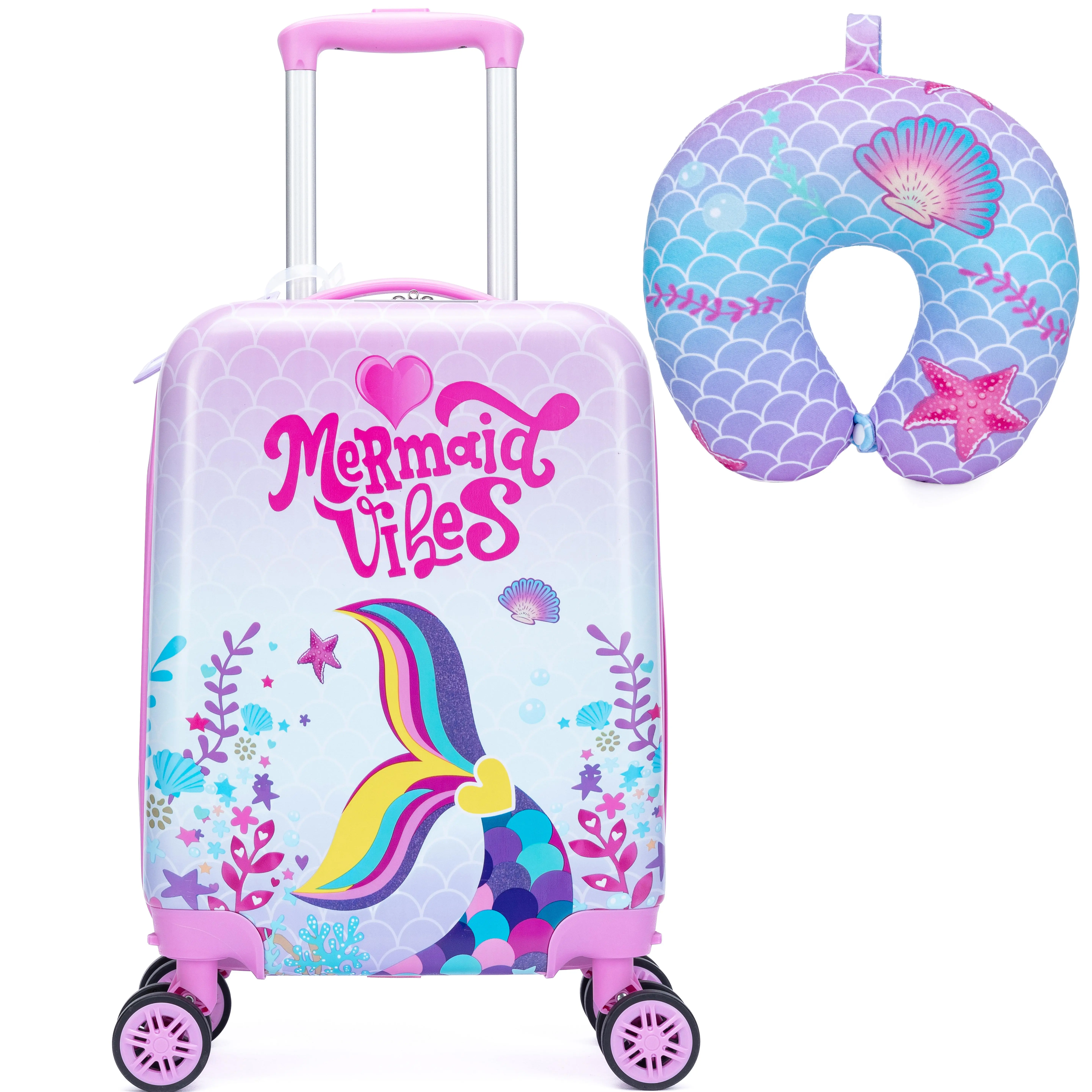 Girls' 2-Piece Luggage Set, Cute Mermaid Graphic Lightweight Hardshell Carry-On with 4 Spinner Wheels & Neck Pillow, 4 Wheels 360 Rotation, Carry-On Size, Luggage/Trolley Bag, Cute Luggage, For Girls
