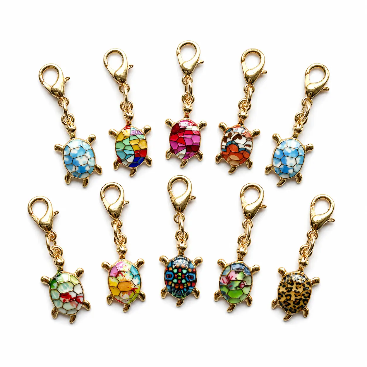 Unisex 10Pcs Mini Enamel Sea Turtle Keychains with Lobster Clasp, Colorful Shell Beach Wear Kawaii Charms, Women's Purse Backpack Decor Clip-On Pendants for Jewelry Making