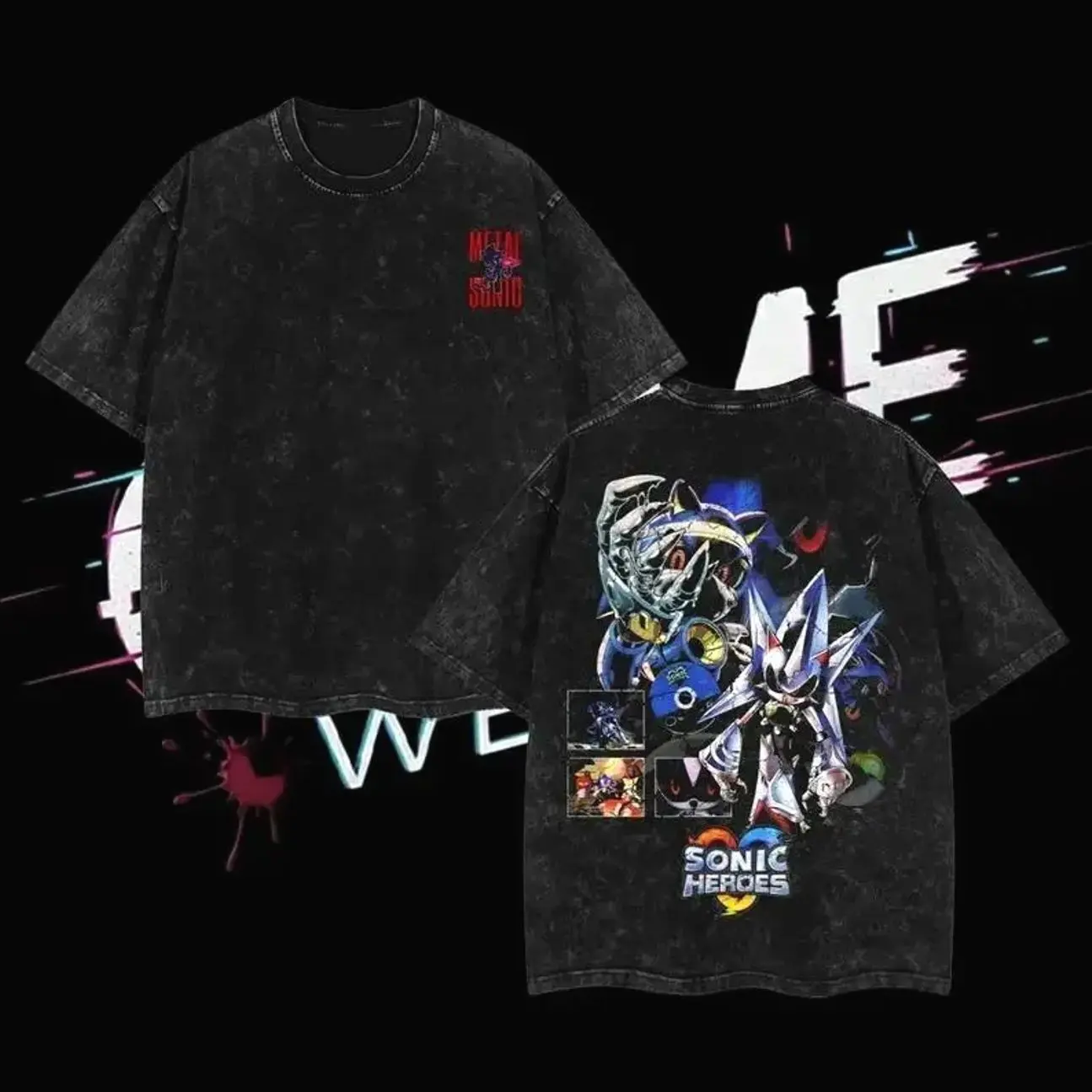 Metal Sonic Hedgehog T-Shirt | Sonic Heroes Villain Acid Washed Oversized Tee, Retro Gaming Robot Bootleg Style, Heavyweight Fandom Apparel. K3V