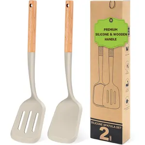 Pack of 2  Spatula Set with Elegant Wooden Handle, Heat Resistant Solid & Slotted Turner for Non Stick Pans,  Kitchen Spatulas, Cooking Utensils for Sauteing, Frying and Flipping