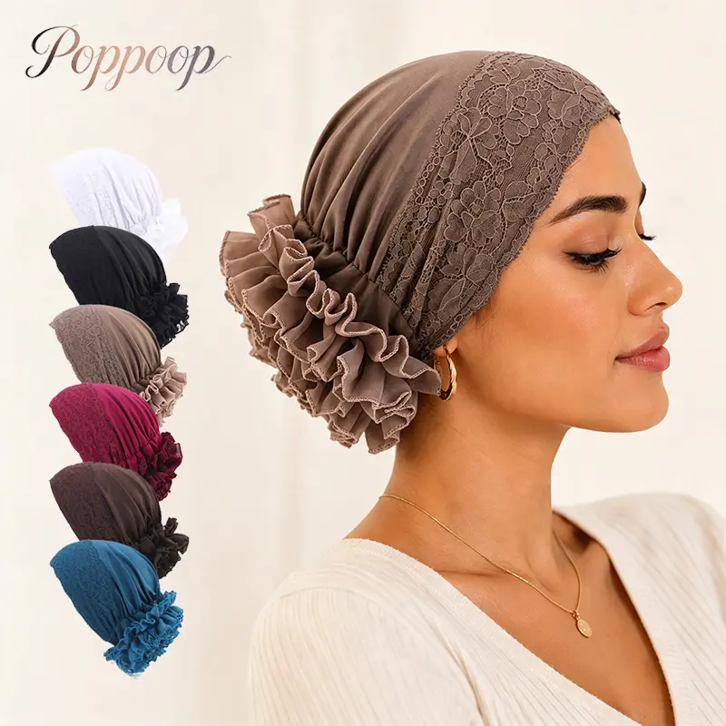3PCS Ruffled Lace Hijab Cap Set for Women, Breathable Chiffon Undercap, Stretch Jersey Muslim Hijab Bonnet, Modest Head Wrap, Soft Turban Head Cover, Chemo Cap, Prayer Cap, All Season Islamic Headwear, Everyday Essentials, Viral Modest Fashion