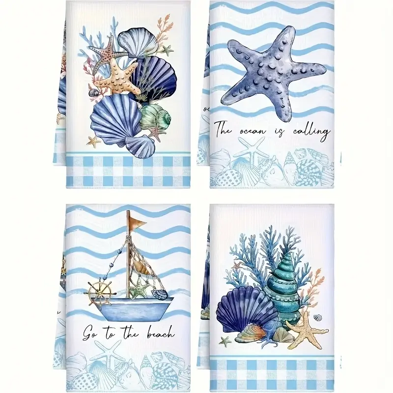 Coastal Beach Microfiber Kitchen Towels Set of 4 (16x24 in) - Smooth, Machine Washable, Ocean Blues, Sandy Neutral Tones, Starfish, Coral, Seashell Prints, Lightweight Absorbent Microfiber Towel Cleaning Cloths for Dishes, Tea, Ideal Gift