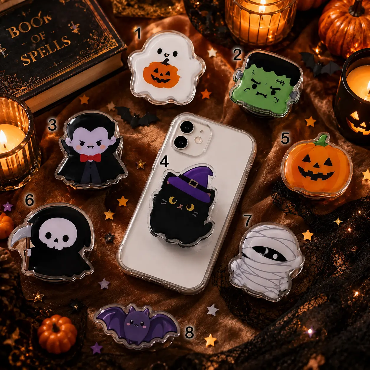 Halloween Character Phone Grip Cute Shaped Holder Spooky Ghost Dracula Pumpkin Witch Cat Mummy Stand Most Phones Gift Her